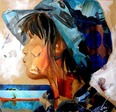 Painting titled "La casquette bleue" by Nathalie Lemaitre, Original Artwork, Oil Mounted on Wood Stretcher frame