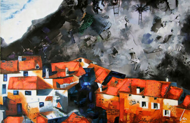제목이 "La plage noire"인 미술작품 Nathalie Lemaitre로, 원작, 기름 나무 들것 프레임에 장착됨