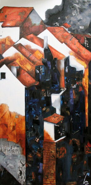 Painting titled "Les maisons silenci…" by Nathalie Lemaitre, Original Artwork, Collages Mounted on Wood Stretcher frame