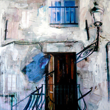 Painting titled "Bastia - Le balcon" by Nathalie Lemaitre, Original Artwork, Collages Mounted on Wood Stretcher frame