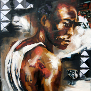 Painting titled "Boxing in Madison" by Nathalie Lemaitre, Original Artwork, Collages Mounted on Wood Stretcher frame