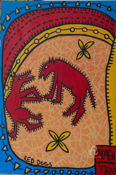 Painting titled "Red dogs" by Nathalie Maerten (MAERTEN), Original Artwork, Acrylic Mounted on Wood Stretcher frame