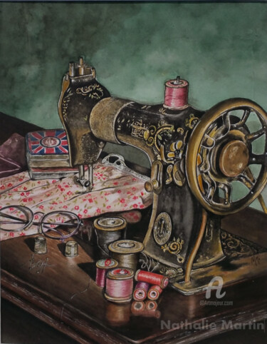 Painting titled "Machine à coudre Si…" by Nathalie Martin, Original Artwork, Watercolor