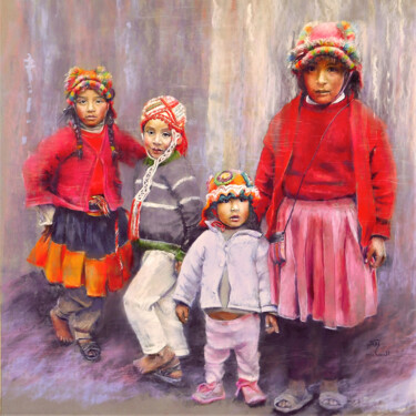 Painting titled "Portrait de famille" by Nathalie Michault, Original Artwork, Pastel Mounted on Cardboard