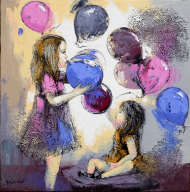 「les ballons.Nathali…」というタイトルの絵画 Nathalie Montelによって, オリジナルのアートワーク, アクリル ウッドストレッチャーフレームにマウント