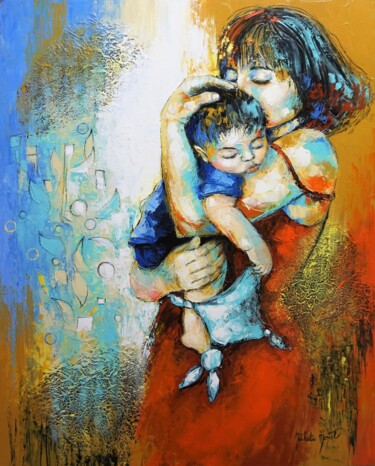 Painting titled "Son doudou.Nathalie…" by Nathalie Montel, Original Artwork, Acrylic Mounted on Wood Stretcher frame