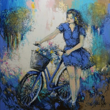 Painting titled "La bicyclette bleue…" by Nathalie Montel, Original Artwork, Acrylic Mounted on Cardboard