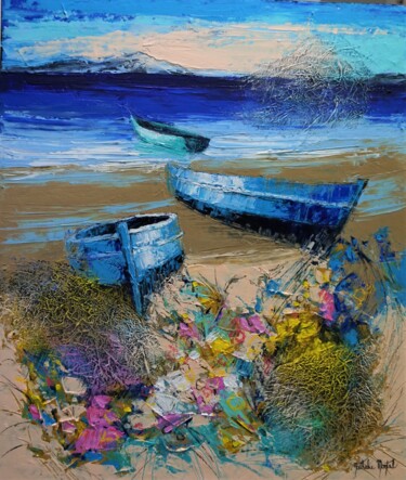 Painting titled "les barques bleus" by Nathalie Montel, Original Artwork, Acrylic Mounted on Wood Stretcher frame