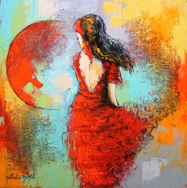 Schilderij getiteld "Lune rouge" door Nathalie Montel, Origineel Kunstwerk, Acryl Gemonteerd op Frame voor houten brancard