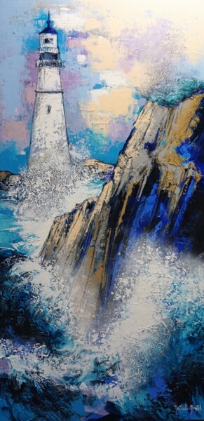 Painting titled "Le phare" by Nathalie Montel, Original Artwork, Acrylic Mounted on Wood Stretcher frame