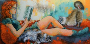 Картина под названием "la lectrice" - Nathalie Montel, Подлинное произведение искусства, Акрил Установлен на Деревянная рама…