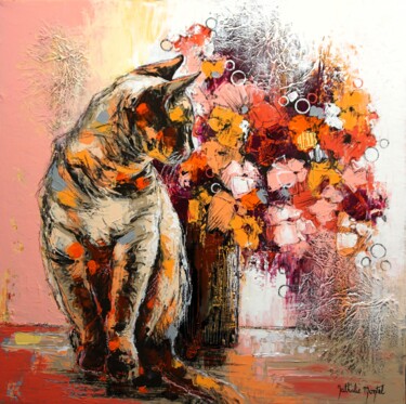 Painting titled "Chat au bouquet" by Nathalie Montel, Original Artwork, Acrylic Mounted on Wood Stretcher frame