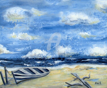 Painting titled "BARQUE SUR PLAGE" by Nathalie Morin, Original Artwork, Acrylic