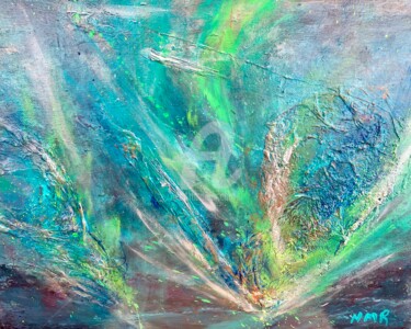 Painting titled "Aurore Boréale Azure" by Nathalie Morin, Original Artwork, Acrylic Mounted on Wood Stretcher frame