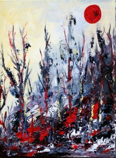 Painting titled "LUNE ROUGE" by Nathalie Morin, Original Artwork, Oil
