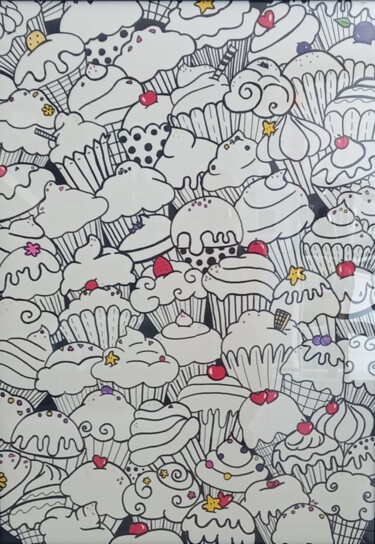 Zeichnungen mit dem Titel "CUP CAKES" von Nathalie Pellissier, Original-Kunstwerk, Marker Auf Plexiglas montiert