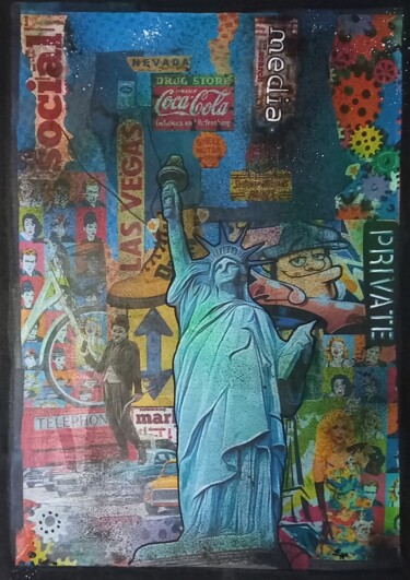 Colagens intitulada "American dream" por Nathalie Pellissier, Obras de arte originais, Acrílico Montado em Armação em madeira