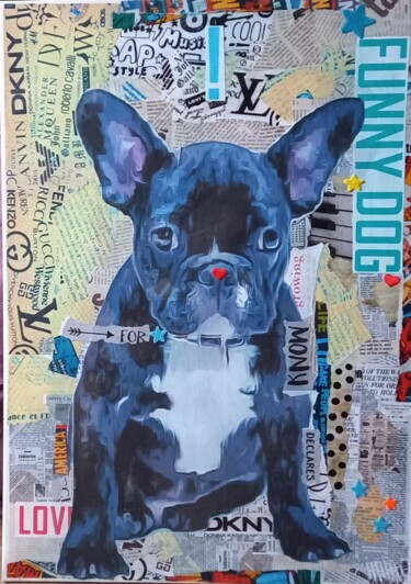 Collages titled "FUNNY DOG" by Nathalie Pellissier, Original Artwork, Collages Mounted on Wood Stretcher frame