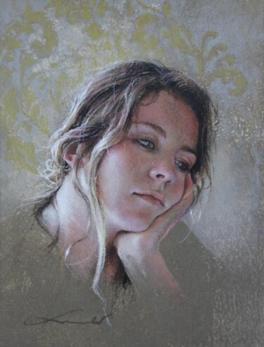 Drawing titled "Portrait n°1" by Nathalie Picoulet, Original Artwork, Pastel Mounted on Cardboard