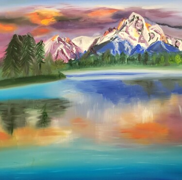 Peinture intitulée "Montagne en couleur" par Nathalie Pouliquen, Œuvre d'art originale, Huile