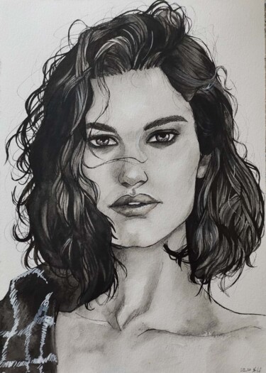 Drawing titled "Lily James" by Nathalie S., Original Artwork, Watercolor
