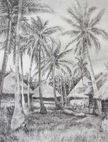 Zeichnungen mit dem Titel "Village kanak" von Nathalie Setea, Original-Kunstwerk, Kohle