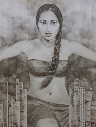 Desenho intitulada "Danse dans la ville" por Nathalie Setea, Obras de arte originais, Carvão
