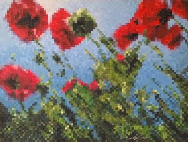 Schilderij getiteld "9- Pixels flowers" door Nathalie Si Pié, Origineel Kunstwerk, Acryl