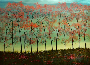 Schilderij getiteld "Row of red trees/Ra…" door Nathalie Si Pié, Origineel Kunstwerk, Olie Gemonteerd op Frame voor houten b…