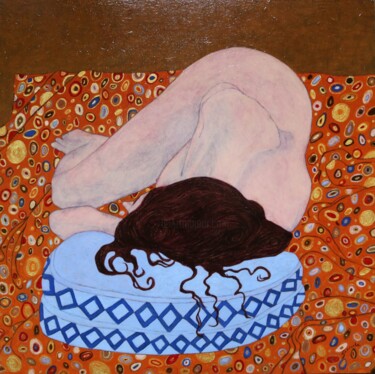Peinture intitulée "Nu au coussin bleu" par Nathalie Sorroche, Œuvre d'art originale, Huile