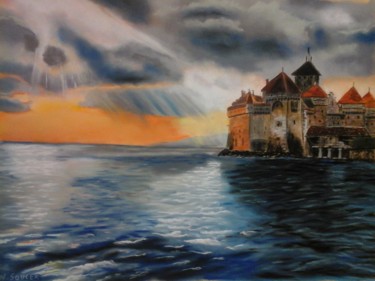 Peinture intitulée "chillon, sur le lac…" par Nathalie Soucek, Œuvre d'art originale, Pastel