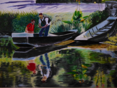 Painting titled "En barque dans le m…" by Nathalie Soucek, Original Artwork, Pastel