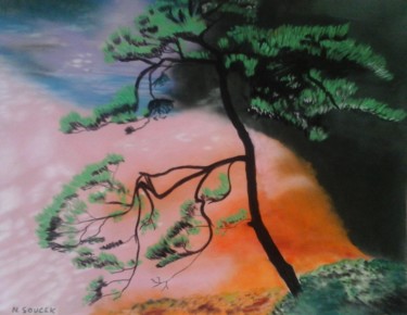 Painting titled "Parasol sur le lac" by Nathalie Soucek, Original Artwork, Pastel