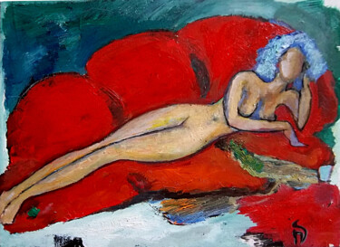 Painting titled "La femme bleue" by Nathalie Straseele, Original Artwork, Oil
