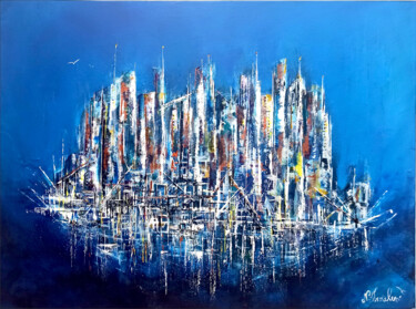 Painting titled "" La citadine bleue"" by Nathalie Troalen, Original Artwork, Acrylic