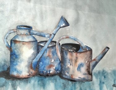Painting titled "Outils de Jardin" by Nathalie Venant, Original Artwork, Watercolor Mounted on Glass