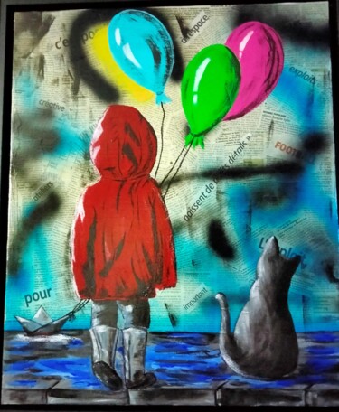 Schilderij getiteld "L enfant et le Chat" door Nathalie Venant, Origineel Kunstwerk, Acryl Gemonteerd op Frame voor houten b…