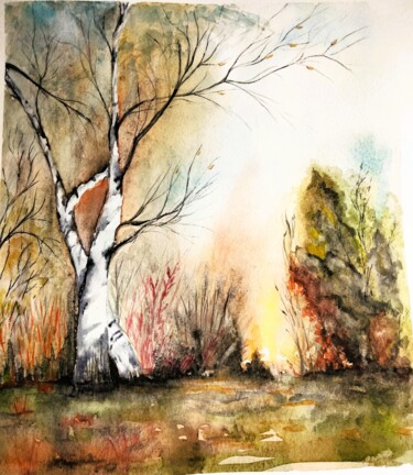 Painting titled "Arbres en couleur" by Nathalie Venant, Original Artwork, Watercolor Mounted on Other rigid panel