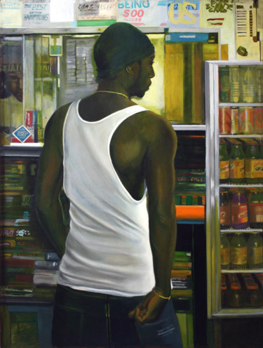 Painting titled "News stand New-York" by Nathalie Bibougou, Original Artwork, Oil Mounted on Wood Stretcher frame