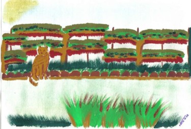 Peinture intitulée "chat dans un jardin" par Nathalie Corneille, Œuvre d'art originale