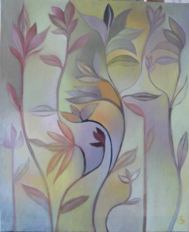 Картина под названием "Fleurs et visage" - Nathalie Gautier, Подлинное произведение искусства, Масло Установлен на Деревянна…