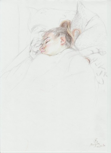 Drawing titled "le sommeil" by Nathalie Gautier, Original Artwork, Pencil