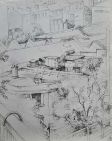 Drawing titled "Vue de la fenêtre P…" by Nathalie Gautier, Original Artwork, Pencil