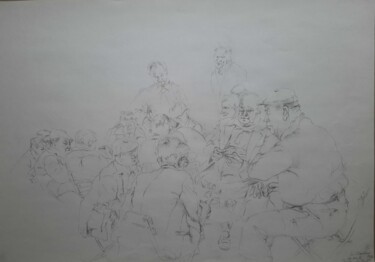 Drawing titled "Les joueurs de cart…" by Nathalie Gautier, Original Artwork, Pencil Mounted on Cardboard
