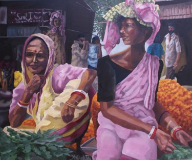 Peinture intitulée "Marché Exotique" par Nathalitay, Œuvre d'art originale, Huile