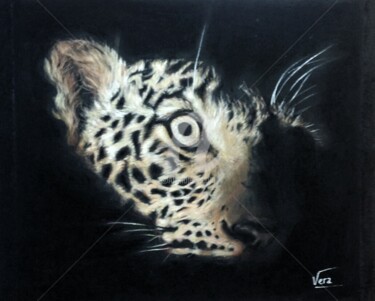 Dessin intitulée "léopard dans la nui…" par Nathaly Vera, Œuvre d'art originale, Pastel