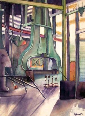 Schilderij getiteld "Steel Mill" door Nathaniel Whynott, Origineel Kunstwerk, Gouache