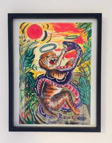 Dessin intitulée "Tigre et Serpent Le…" par Nath De La Grenade, Œuvre d'art originale, Encre