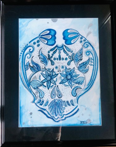 Peinture intitulée "Skull blue" par Nath De La Grenade, Œuvre d'art originale, Aquarelle