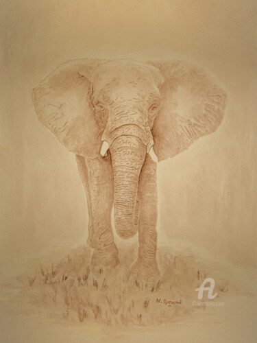 Painting titled "Eléphant" by Nathalie Amand, Original Artwork, Watercolor